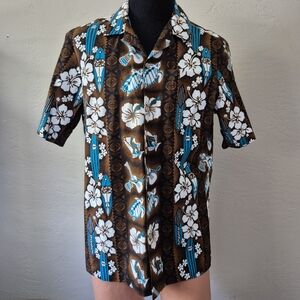 Vintage kolekole Brown  blue Hawaiian shirt men's large